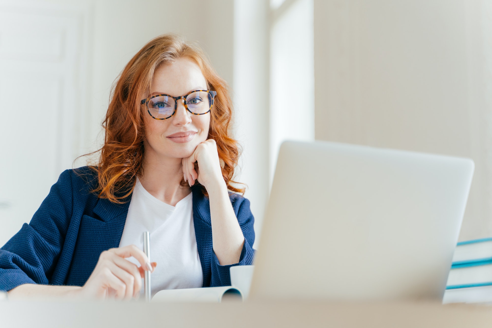 pleasant looking successful professional female lawyer learns clients case